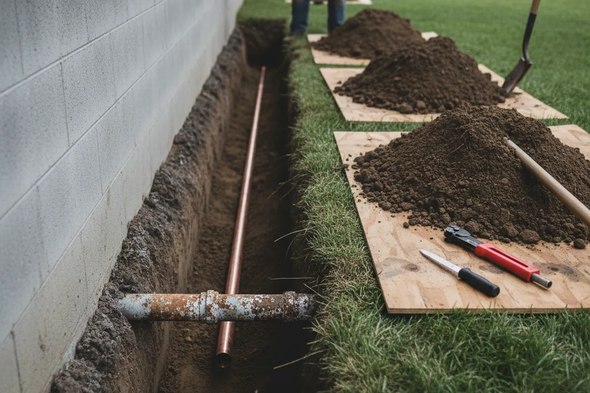Excavated water line trench during Water Heater Repair in Deane